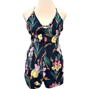 HAYDEN LA Black Floral Print Keyhole Halter Neck Shorts Romper Womens size Small